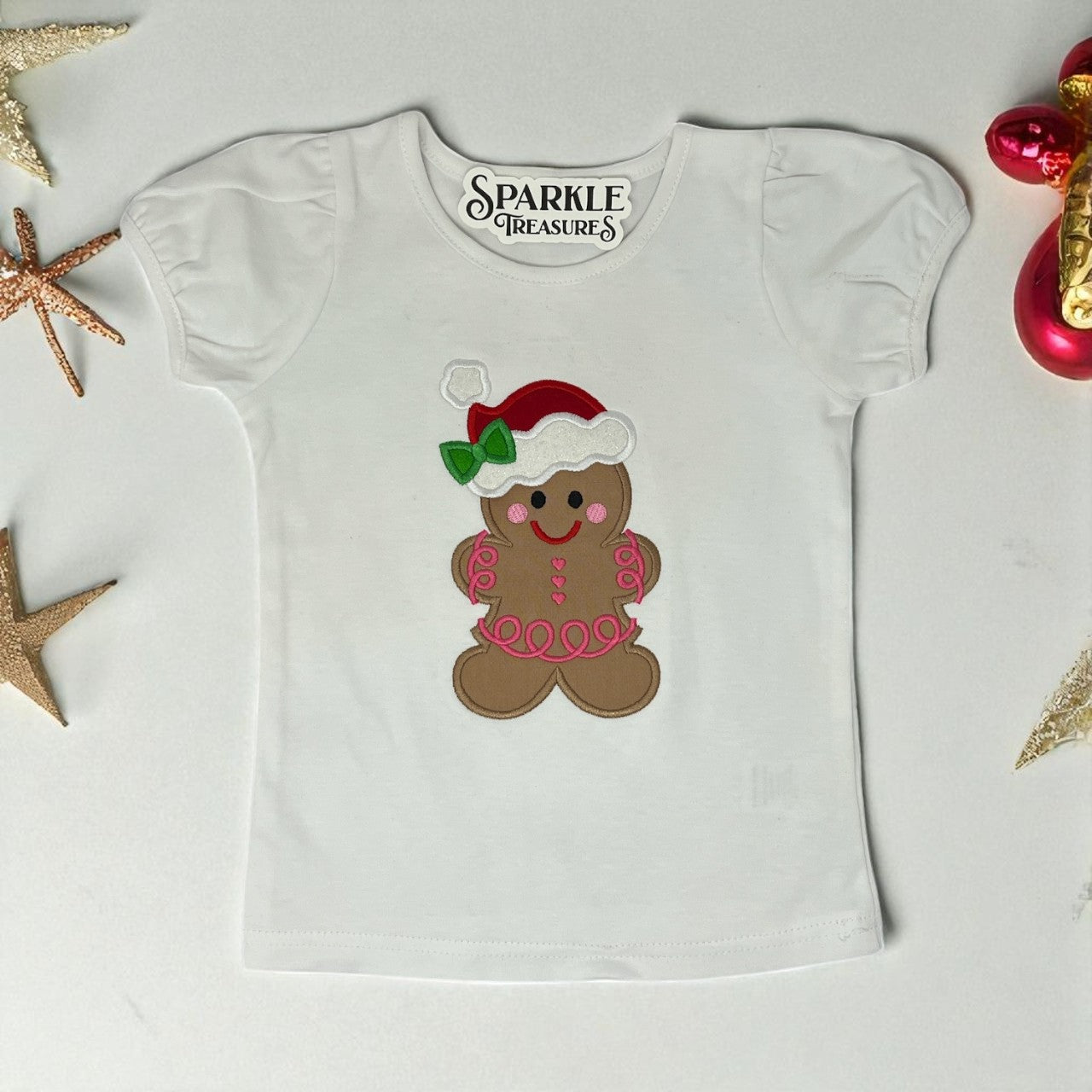 Gingerbread Girl Embroidered Christmas T-Shirt