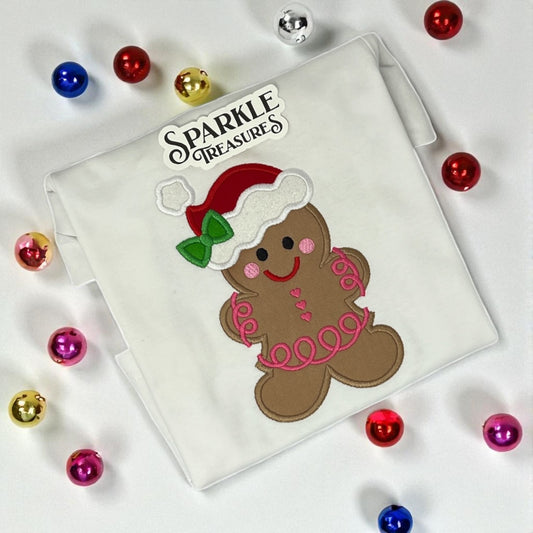 Gingerbread Girl Embroidered Christmas T-Shirt